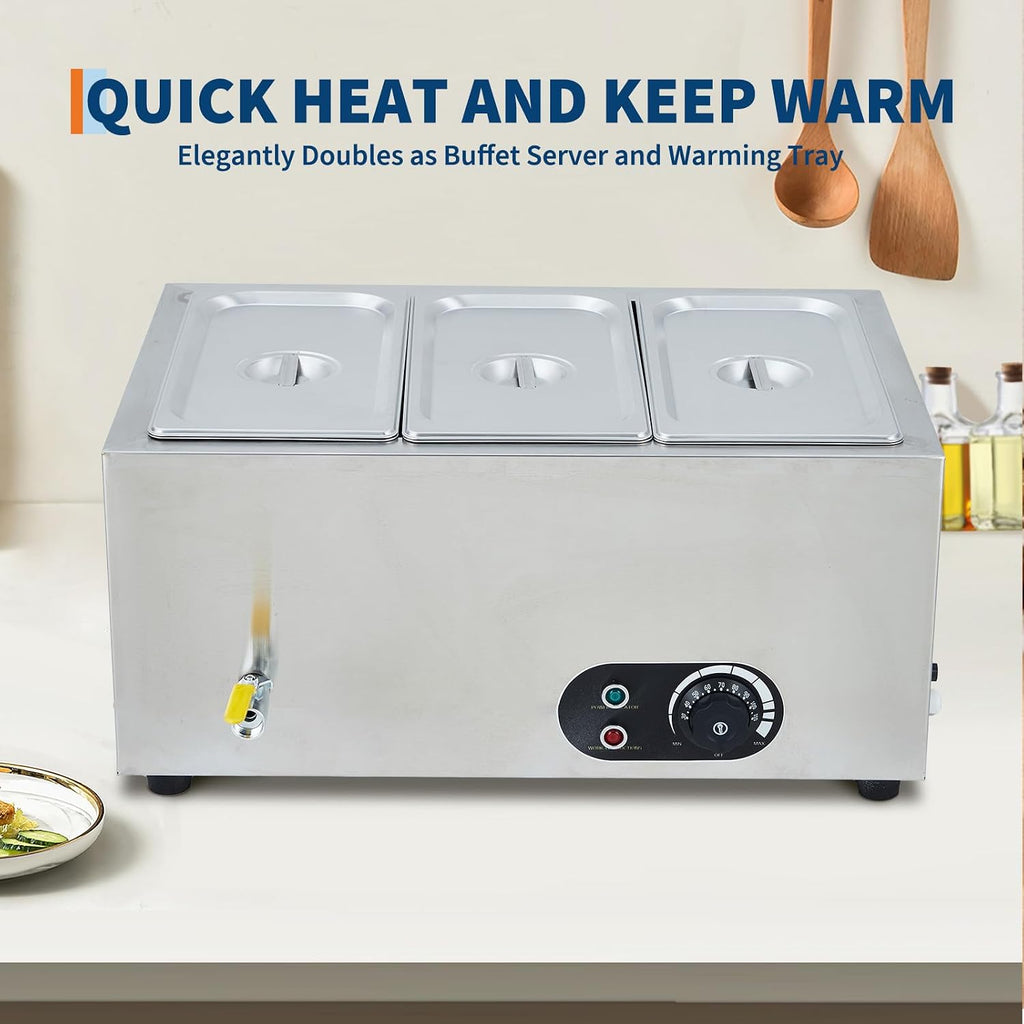 Commercial Food Warmer Stainless Steel 1500W Electric Buffet Server Bain Marie,3-Pan Catering Hot Food Station for Restaurants, Hotels, Banquets