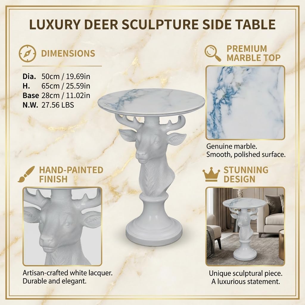 Modern Accent TableLiving Room White Deer Statue Contemporary‌ Faux Marble Night Stand Side Table with White Deer Base Reception Area & Bedroom（Width 19.69' ——Tall 25.59'）