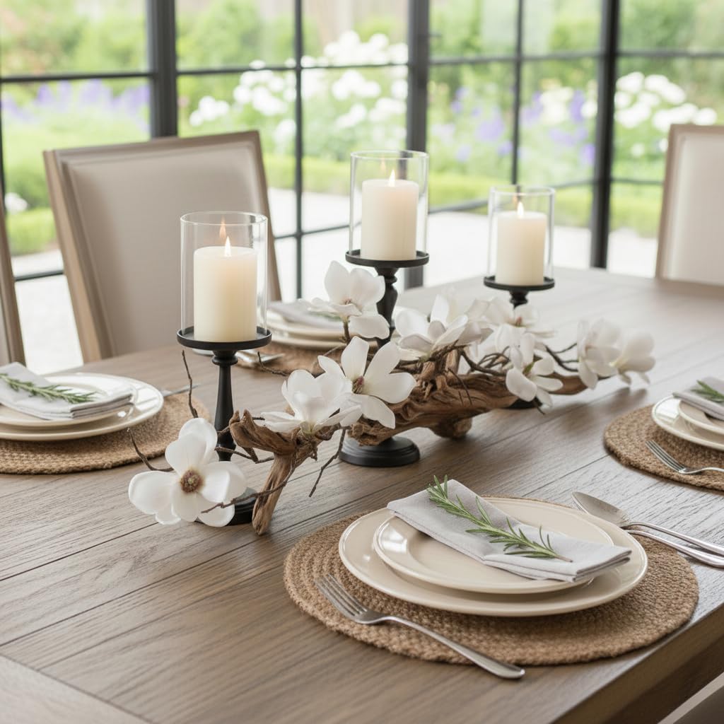 Magnolia Vine Driftwood Farmhouse Table Centerpiece - 3pc Candle Holder Set - Floral Table Decor for Dining Room, Living Room, Mantle & Weddings (Black)
