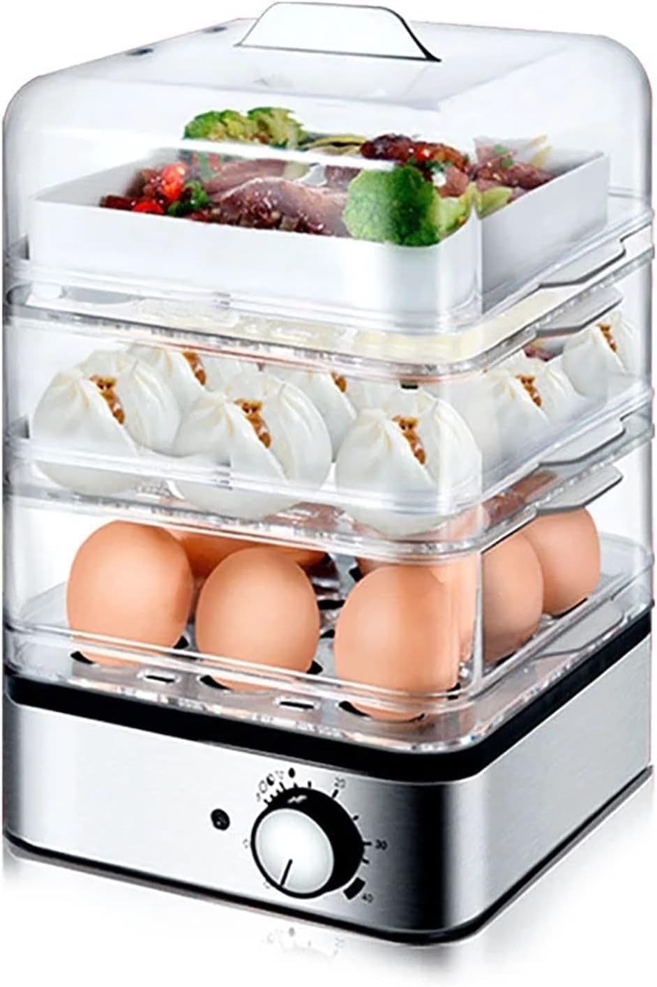 Food Steamer Automatic Timing Egg Cooker Boiler Multifunctional Three Layer Food Steamer Boiling Machine Egg Poacher Cooking Machine High Capacity (Color : Silver, Size : 17x17x29cm)