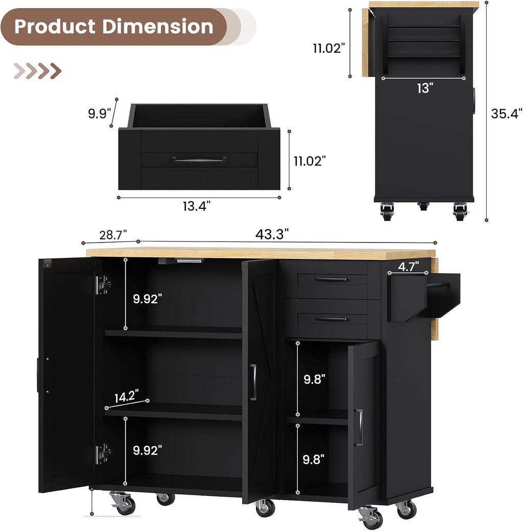 VVFLU Rolling Kitchen Island On Wheels, Kitchen Island Cart with Drop Leaf Countertop, Barn Door Kitchen Island Table with Storage Cabinet and 2 Drawer, 5 Wheels, Towel Rack and Spice Rack, Black