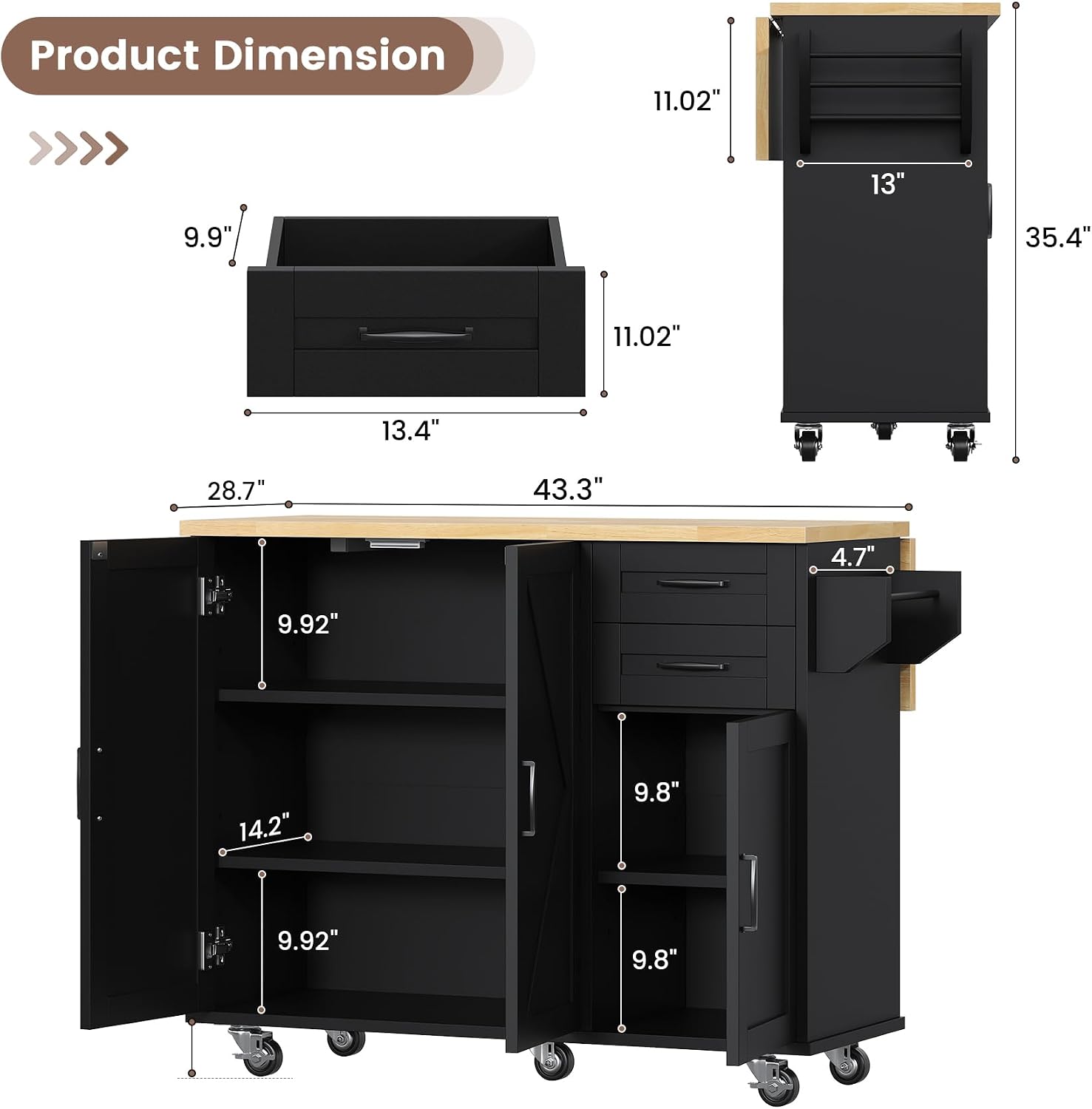 VVFLU Rolling Kitchen Island On Wheels, Kitchen Island Cart with Drop Leaf Countertop, Barn Door Kitchen Island Table with Storage Cabinet and 2 Drawer, 5 Wheels, Towel Rack and Spice Rack, Black