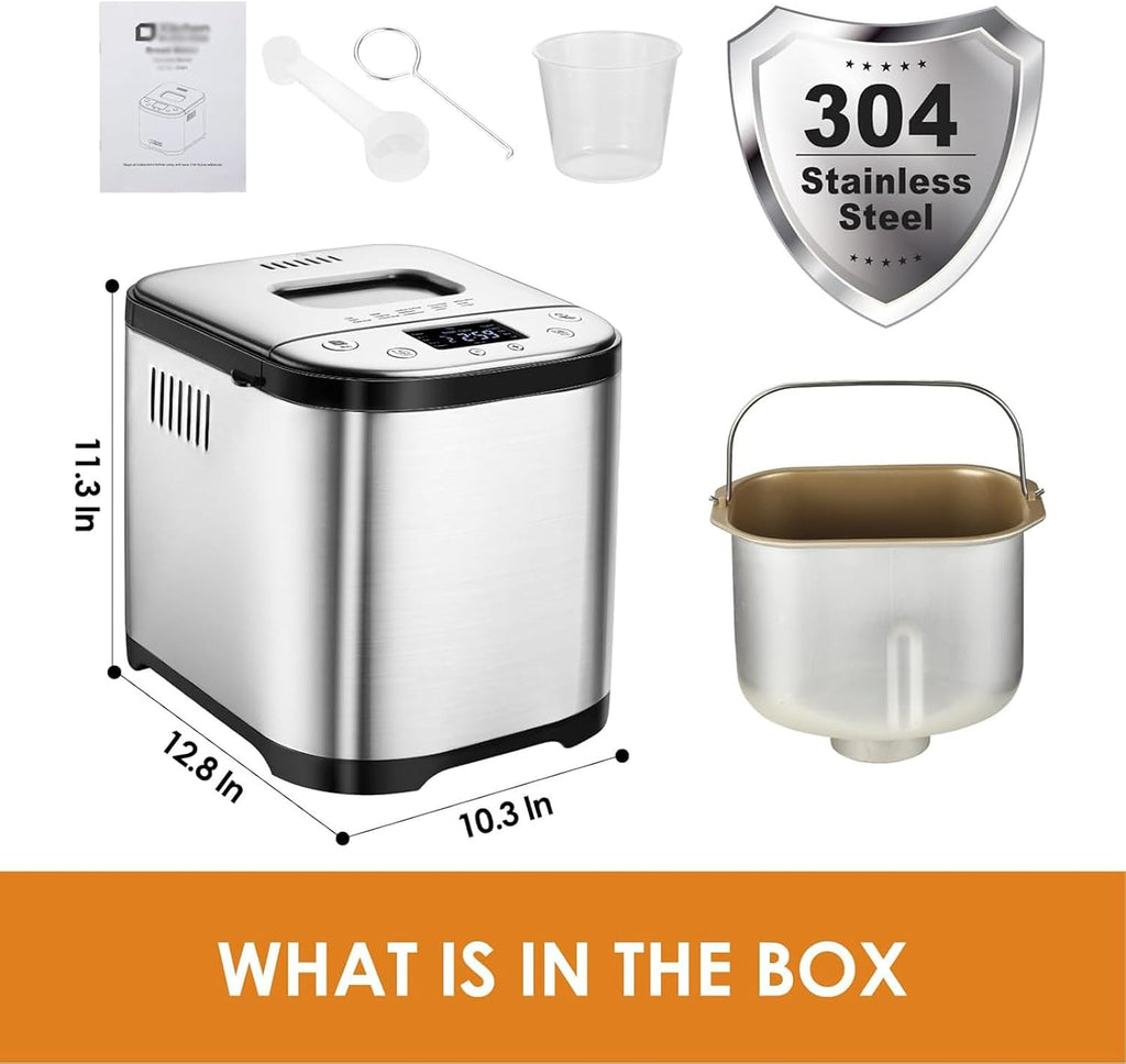 Bread Maker Machine, Automatic Breadmaker, Electric Cooker Toaster Makers, Timer Setting + Keep Warm Setting with 15 Preset Menus, for Kitchen Baking Loaf Dough
