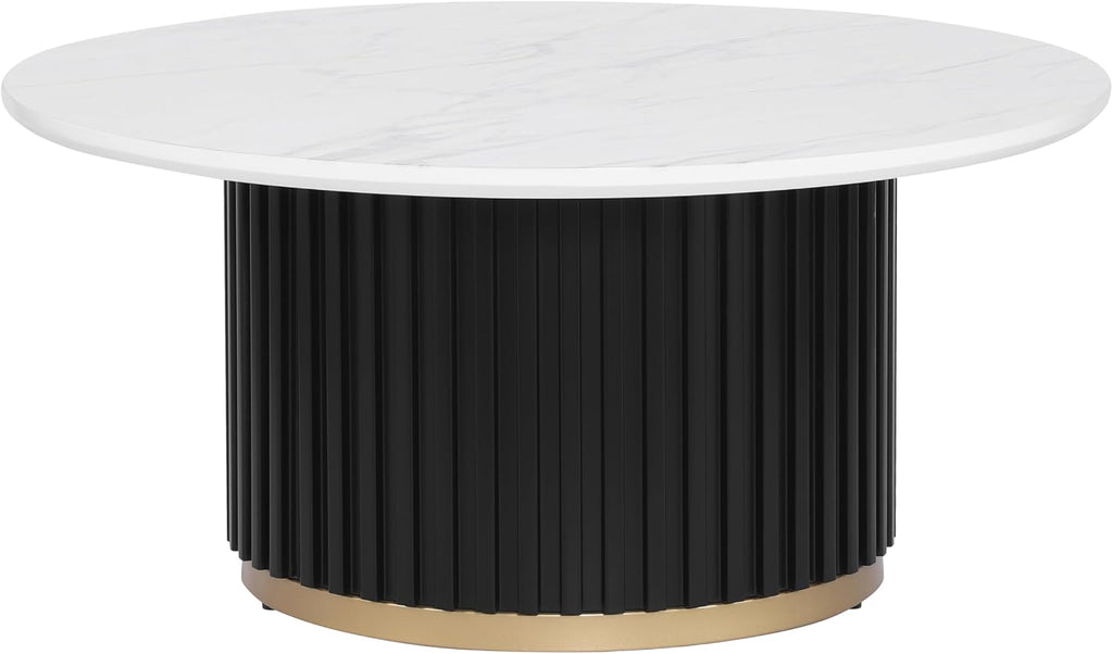 Modern Round Coffee Table with Fluted Pedestal Circle Coffee Table with Faux Marble Tabletop for Bedroom,Apartment,Living Room White