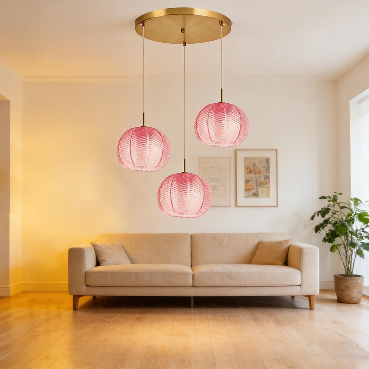 Cluster Chandelier 3-Lights Gold Pink Pendant Light Fixtures Glass Globe Chandeliers Dining Room Classic Glass Ball 8.6' Shade Adjustable Height Mid Century Modern Chandelier