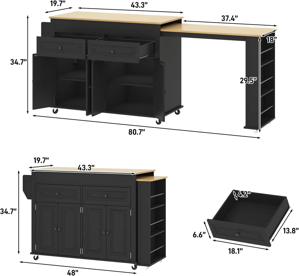 80'-48' Extendable Kitchen Island with Extended Dining Table and Power Outlet,Large Mobile Kitchen Storage Islands with 2 Storage Drawers,Rolling Islands Cart with 3 Extra Rows Open Shelves(Black)