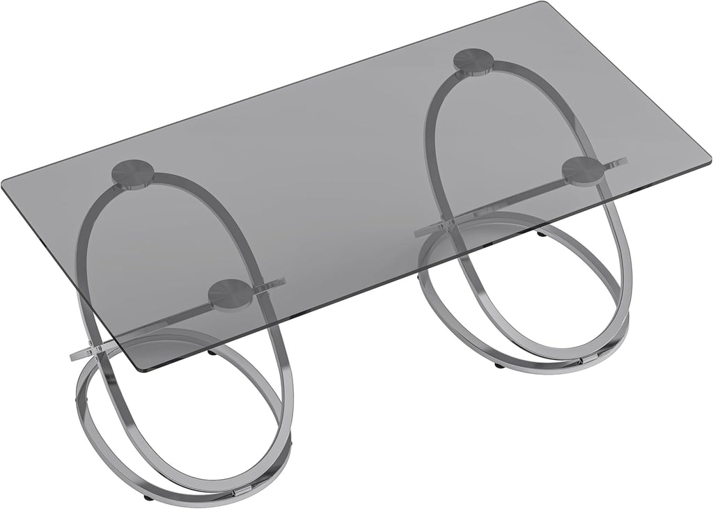 47' Rectangle Coffee Table with Tempered Glass Tabletop, Modern Chrome Ring Base, Gray, Luxury Living Room Center Table