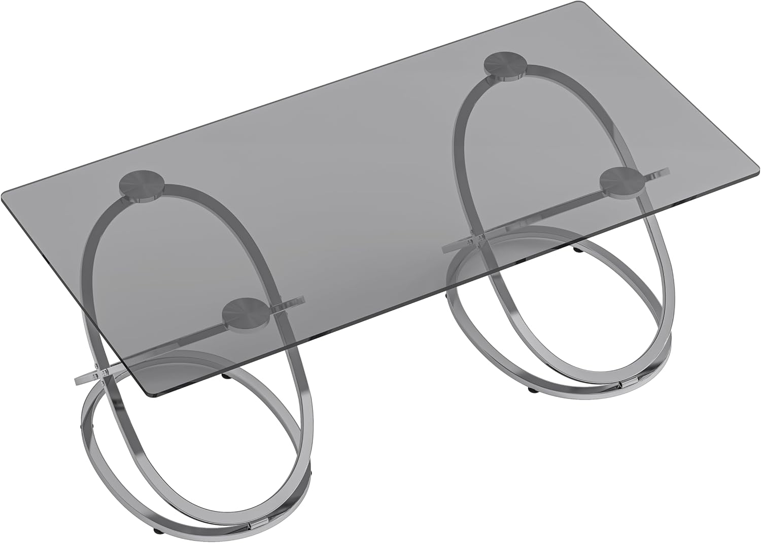 47' Rectangle Coffee Table with Tempered Glass Tabletop, Modern Chrome Ring Base, Gray, Luxury Living Room Center Table