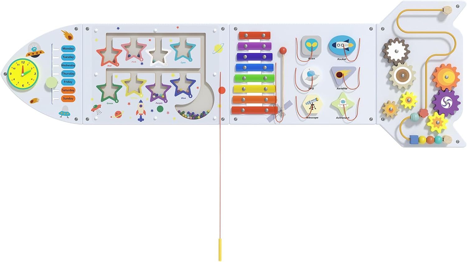Spacocld Montessori Busy Board - White Rocket Activity Wall Panels, Wall Toys for Toddlers 3+, Sensory Panels for Kids, Wooden Activity Cubes, Playroom Daycare Toys, Toddler Sensory Board (4PCS)