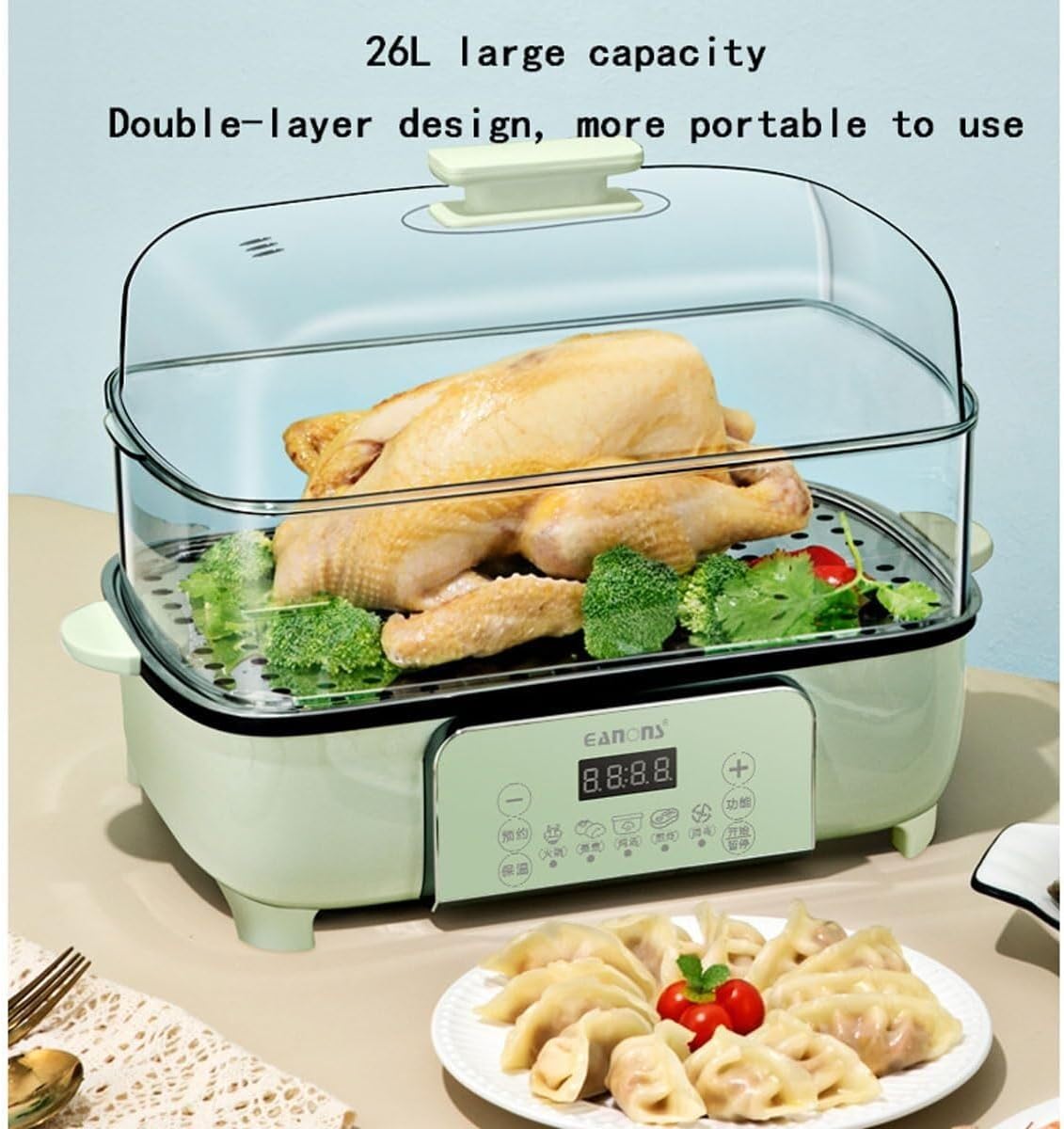 26L Food Steamer with 2-Tier Touch Display, 12-Hour Timer, 6 Cooking Modes, Removable Pot - Ideal for Meat, Dumplings, Vegetables - Healthy Meal Prep