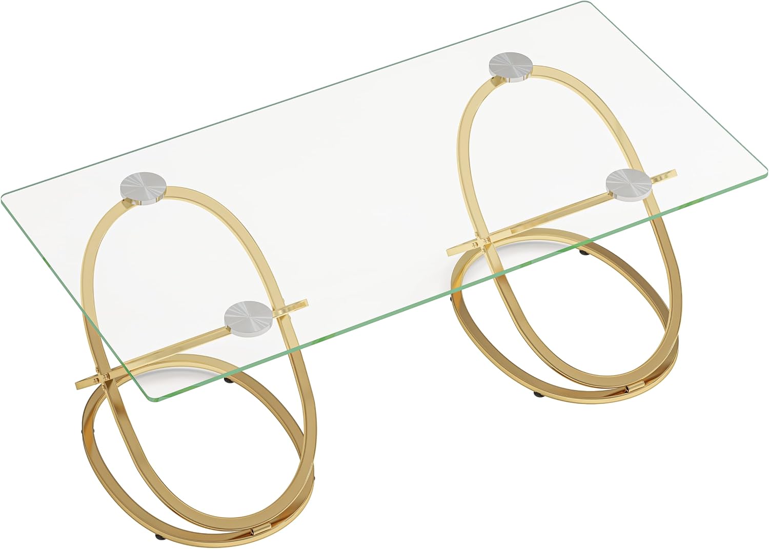 47' Rectangle Coffee Table with Tempered Glass Tabletop, Modern Gold Ring Base, Luxury Living Room Center Table