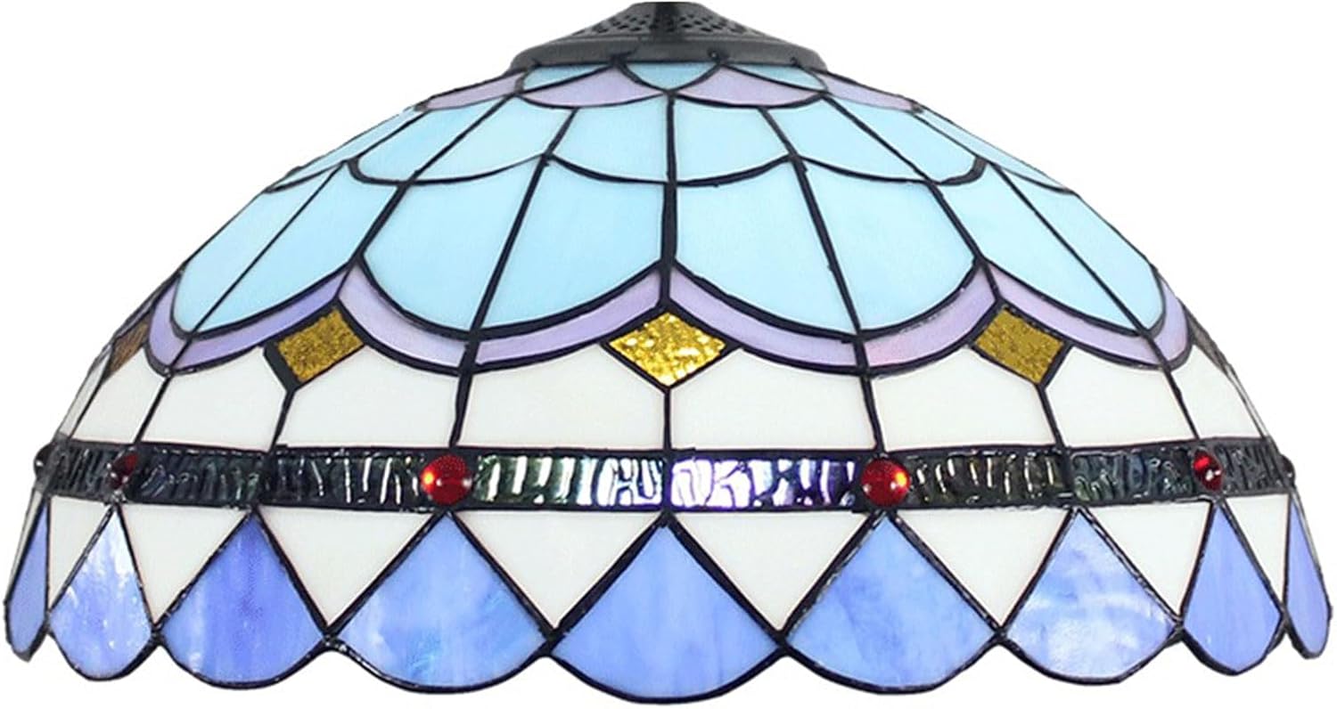 Tiffany Lamp Shade 16 Inch Wide Accessories Replacement Only Blue Mediterranean Stained Glass Lampshades Vintage Feather Light Cover for Table Lamp Floor Lamp Pendant Light Ceiling Fixture