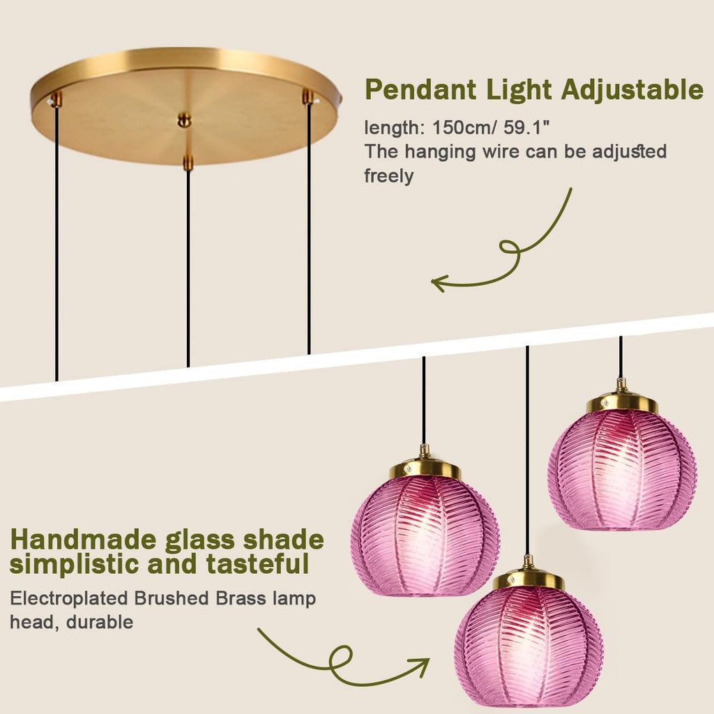 3-Light Purple Glass Pendant Lights - 8.7″ Globe Shade, Hand Blown Glass Hanging Chandelier Cluster Pendant Light Fixtures Adjustable Mid Century Chandeliers Kitchen Island Staircase