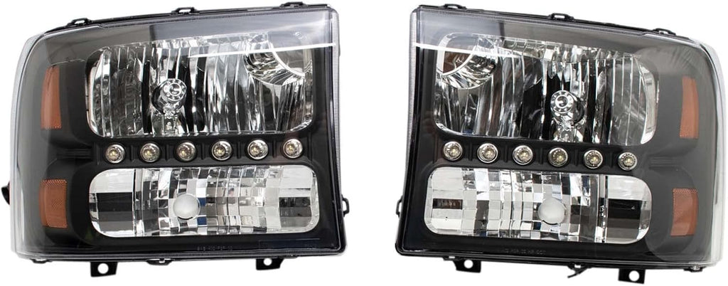 TRQ 2 Piece Headlight Assembly Set Performance LED Daytime Running Lights Black Bezel Driver & Passenger Side Compatible with Ford Excursion 2000-2004 F250 F350 1999-2004 F450 F550 1999-2003