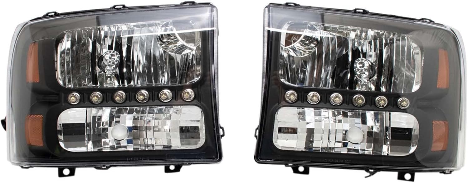 TRQ 2 Piece Headlight Assembly Set Performance LED Daytime Running Lights Black Bezel Driver & Passenger Side Compatible with Ford Excursion 2000-2004 F250 F350 1999-2004 F450 F550 1999-2003