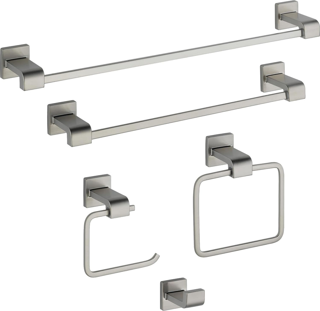 Delta 77524-SS Ara 24-in Wall Mount Towel Bar Bath Hardware & 77546-SS Ara Wall Mount Square Closed Towel Ring Bath Hardware & 77535-SS Ara Single Towel Hook Bath Hardware Accessory