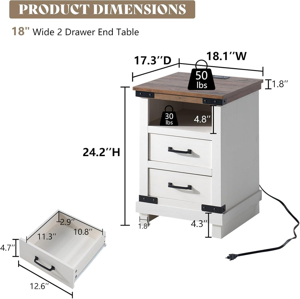 AMERLIFE Farmhouse End Table with Charging Station, 18' Wood Rustic Night Stand with 2 Storage Drawers, Heavy Duty Bedside Sofa Side End Tables for Bedroom, Living Room, Antique White