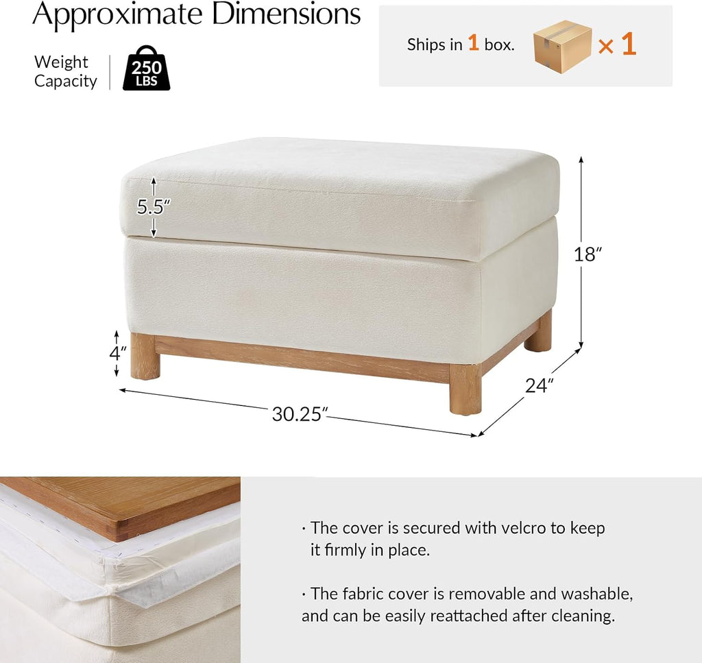 HULALA HOME 30.25' Ottoman Coffee Table with Reversible Tray Lid, Modern Upholstered Storage Ottoman with Solid Wood Base, Removable Top, Footrest and Extra Seating for Bedroom or Living Room, Ivory