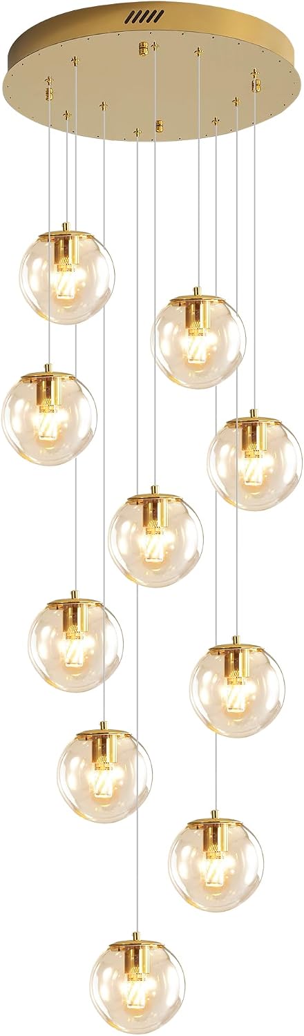 ykolupty 10-Light LED Staircase Modern Glass Globe Pendant Light Gold Chandeliers Large Chandeliers for High Ceilings, Entryway Lighting Fixture Villas and Stairs