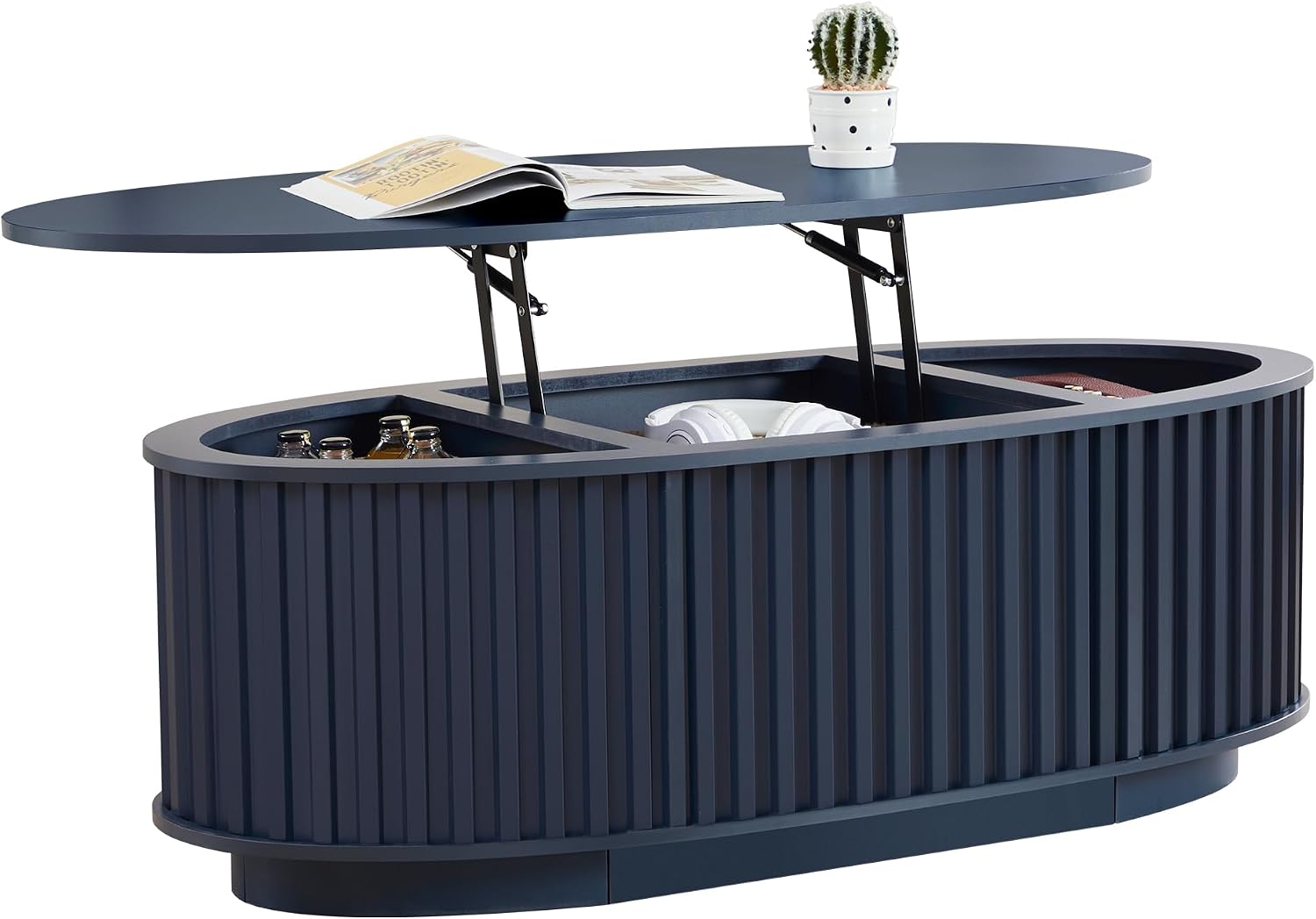 Oval Coffee Table, 43.3'' Fluted Lift Top Coffee Table with Hidden Storage Compartment, Mid Century Modern Dining Table Wooden Center Table for Living Room, Office, Small Spaces