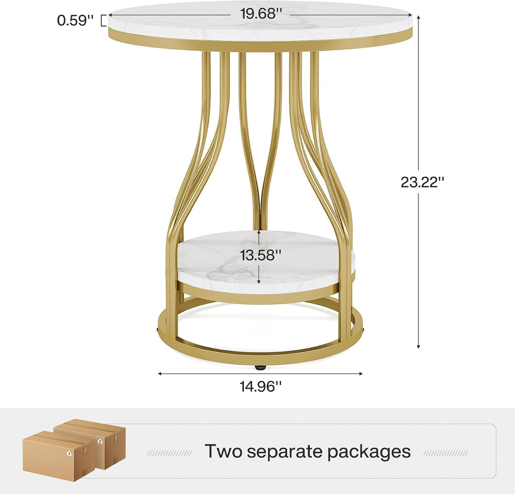 Tribesigns Round Side End Table 2-Tier End Tables Modern Bedside Table Small Chairside Tables with Storage for Couch Side, Nightstand with Metal Frame for Living Room (2 pcs, White+Gold)