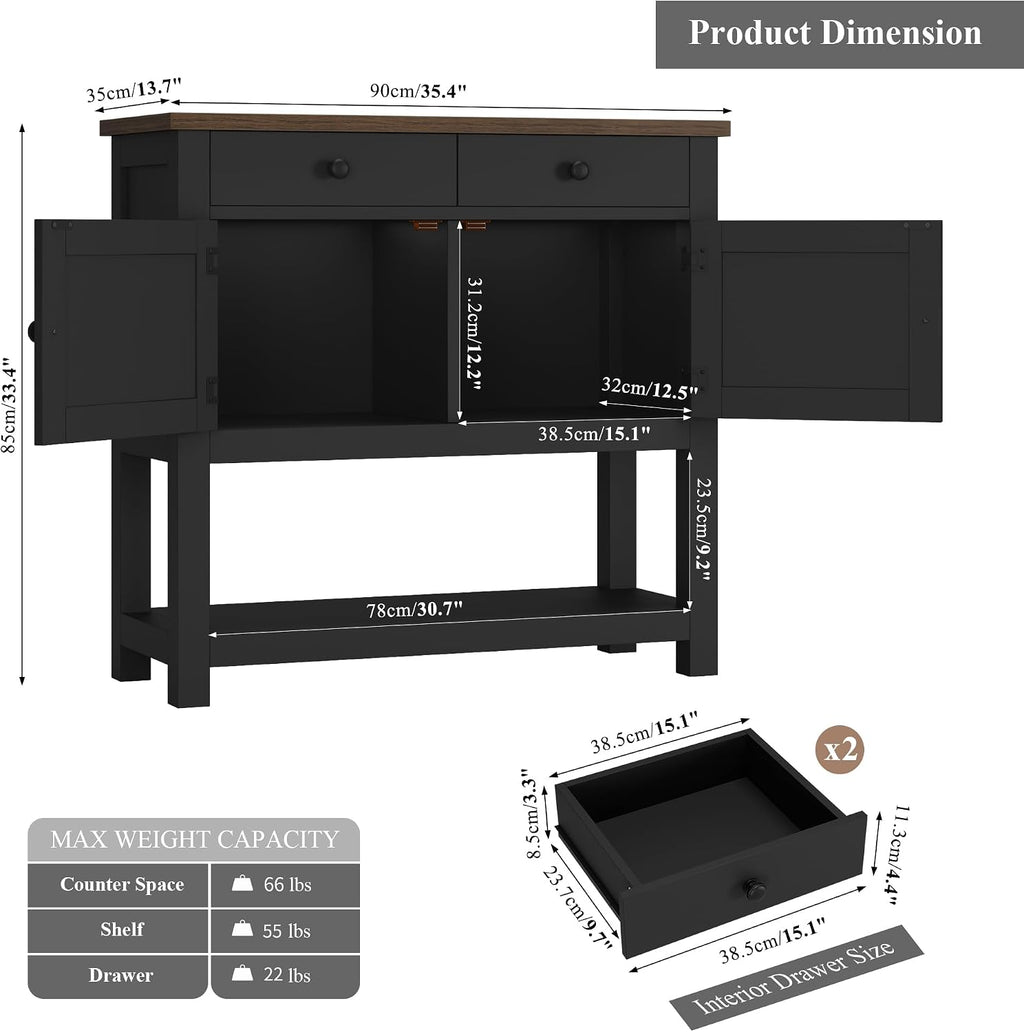 HOSTACK Farmhouse Console Table with 2-Door Cabinet & 2 Drawers, Coffee Bar, Entryway Table with Storage Shelf, Sofa Tables Buffet Sideboard for Kitchen, Hallway, Dining, Living Room, Black