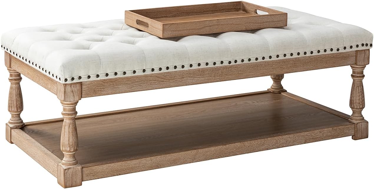 HULALA HOME Rectangle Ottoman Coffee Table with Tray, Tufted Living Room Ottoman with Solid Wood Storage Shelf, Ivory