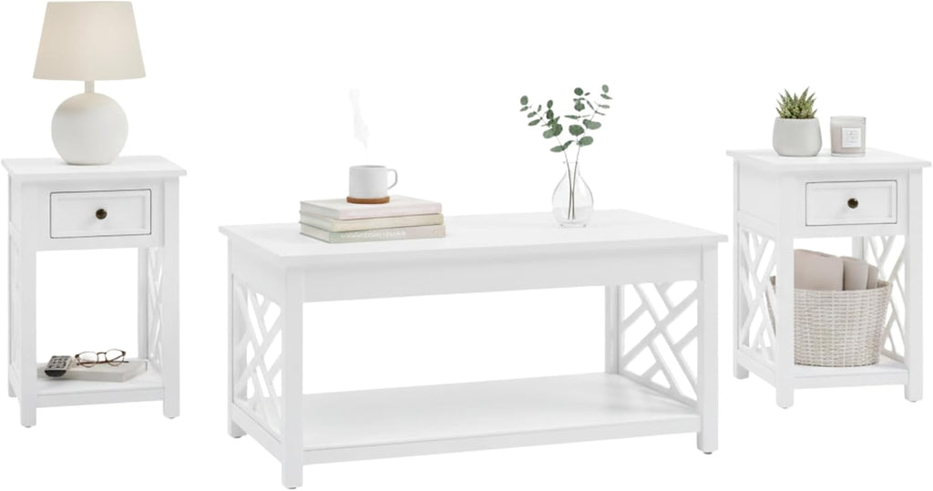 Coventry 36 in. Coffee Table and 2 End Tables with Drawers - Cottage-Style Living Room Furniture Set with Open-Design Decorative Details - Accent Tables with Storage Compartment