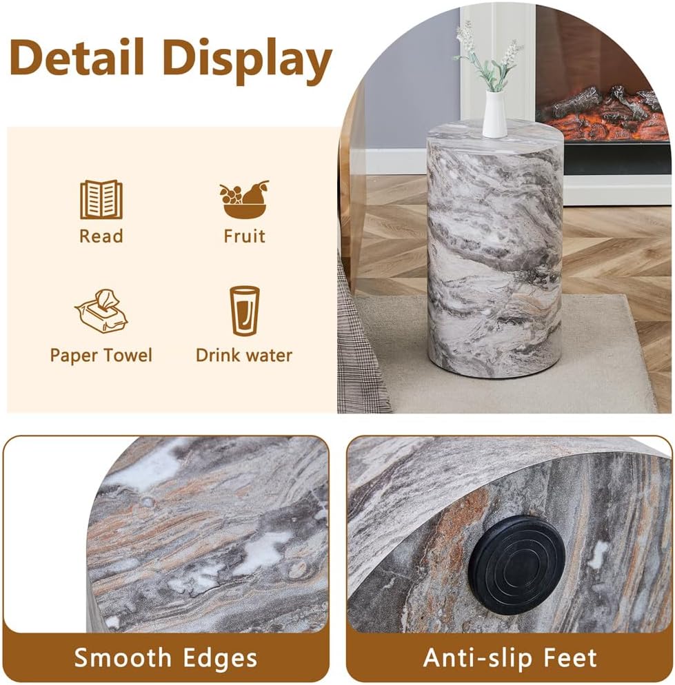 Round End Table Living Room Table, Faux Marble Sofa Couch Side Table, Bedside Nightstand for Small Spaces, Bedroom