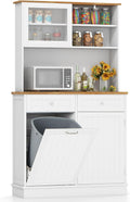 Giantex 68' Tall Kitchen Pantry, Buffet Hutch w/Tilt Out Trash Can Storage Cabinet, 2 Drawer, Shelves, Rubber Wood Microwave Countertop, Wood Sideboard Cupboard for Home Coffee Bar (White & Natural)
