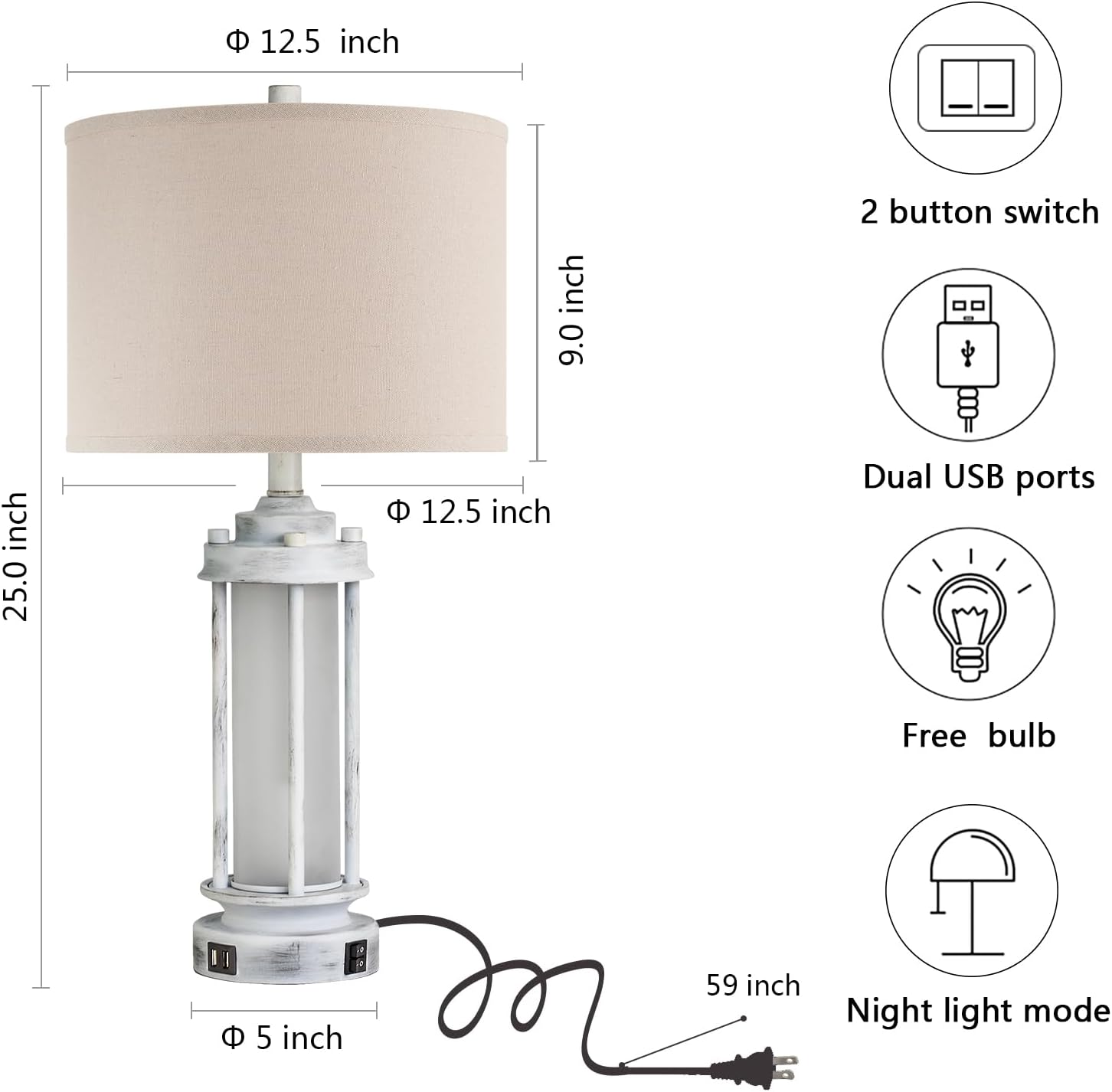 AIEAMPDO 25' Rustic Table Lamps Set of 2, Vintage Nightstand Lamps with 2 USB Ports, Farmhouse Antique White Desk Lamp with Glass Night Light for Living Room Bedroom Dorms, 4 Bulbs Included