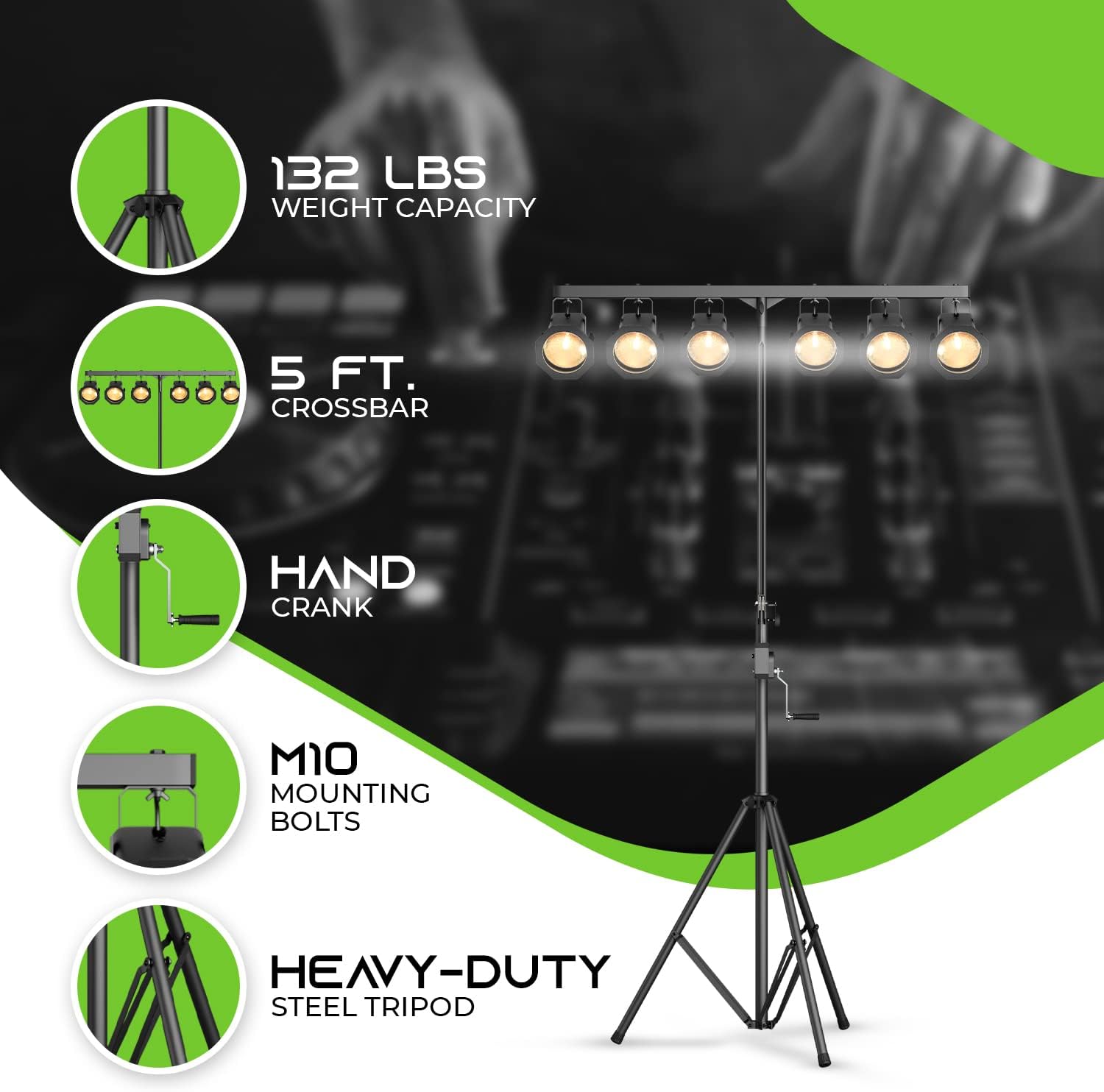 GEARit LED Light Stand With 5 Ft. T-Bar for 6 PAR Lights, Hand Crank, Heavy-Duty Tripod With Metal Joint, Pro-Grade Portable Design for DJ Lighting, Bands, Venues and Stages