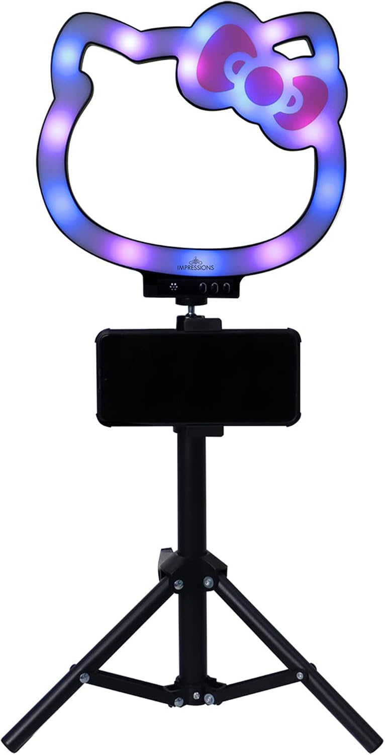 Impressions Vanity Hello Kitty 10 Inch RGB Desk Ring Light with Stand and Phone Holder, LED Selfie Lights with Rainbow Color Modes, Noise Sensor Provide Light Affect to Music Beat Perfect for TikTok