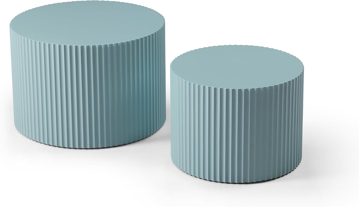 Nesting Coffee Table Set of 2, 23.6 inch Round Coffee Tables, MDF Nesting Tables with Roman Column Design, Modern Handcrafted Wooden Drum Accent Tables for Living Room - Light Blue