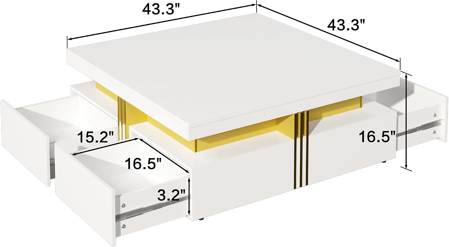 Merax 43.3' Modern Glossy Square Storage Coffee Table with 4 Drawers, Gold Accents, Functional Center Tables for Living Room Apartment, Glossy White