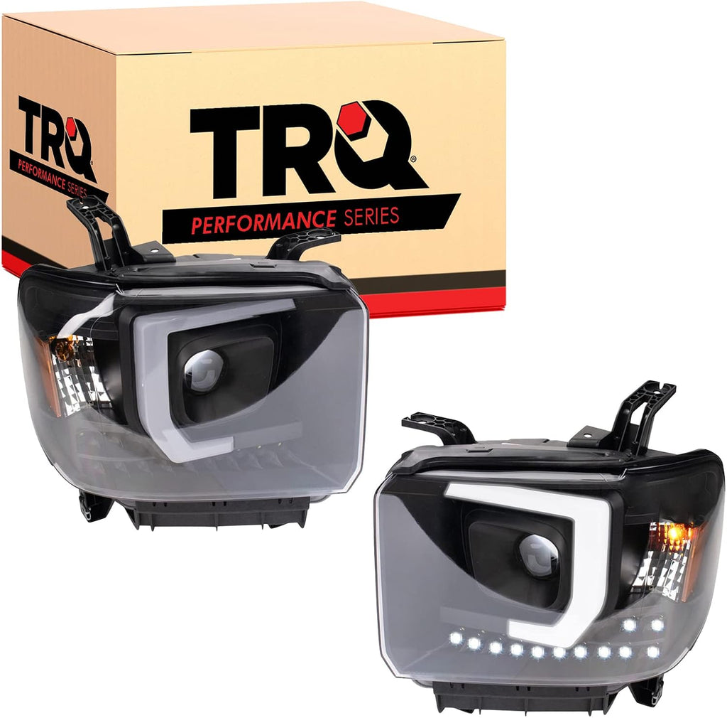 TRQ Performance Driver and Passenger Side Headlight Assembly Set Black Housing Compatible with 14-18 GMC Sierra 1500 15-19 GMC Sierra 2500 HD 15-19 GMC Sierra 3500 HD