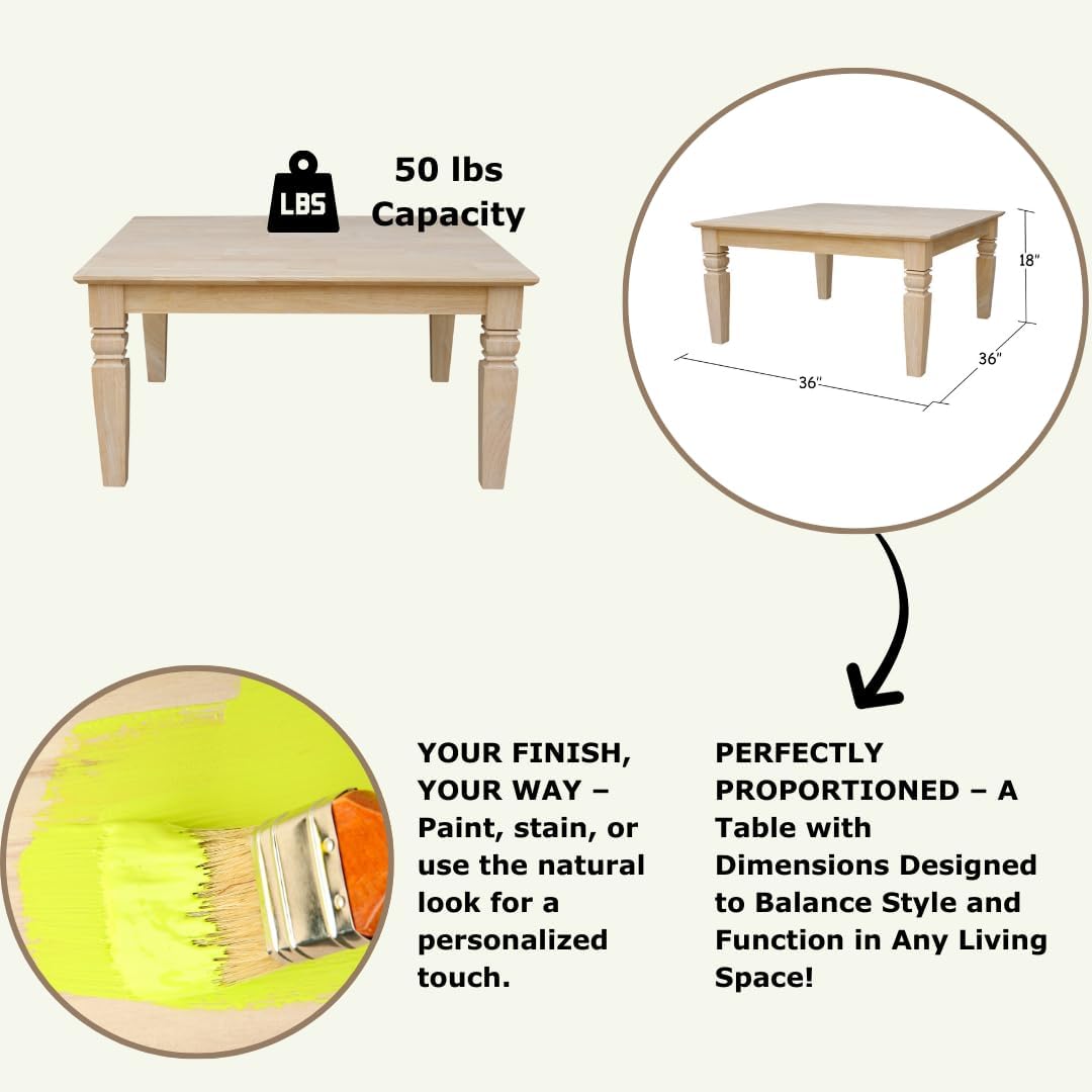 International Concepts, 18'H Java Square Coffee Table, Farmhouse, Living Room Furniture, Sturdy Solid Parawood, Paint or Stain in Any Color, Easy Assembly, Unfinished