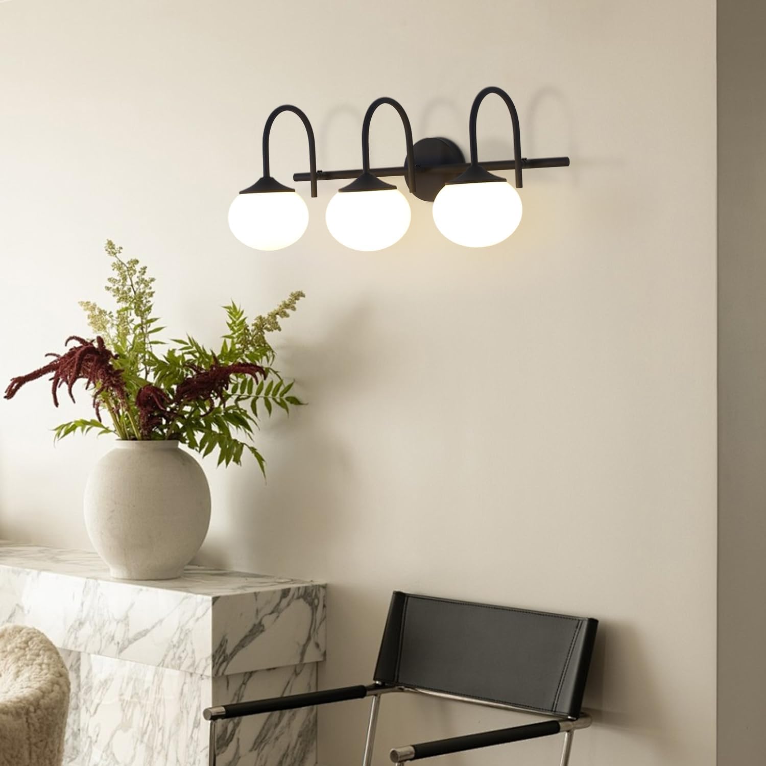 BOKT Farmhouse 3-Light Bathroom Vanity Light Black Vanity Light Over Mirror Industrial Bathroom Sconces Wall Lighting Milk White Glass Lampshade Rustic Wall Lamp for Bedroom Hallway