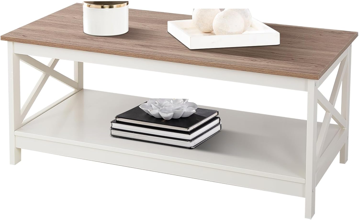 Sophia & William Farmhouse Coffee Table with Storage Shelf for Living Room, Ivory