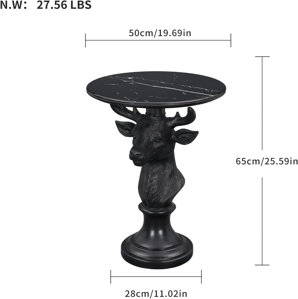Sculptural Deer Head Side Table, Artistic Animal End Table with Faux Marble Top, Modern Accent Table for Living Room Bedroom, Unique Home Decor Gift for Housewarming, 19.69' W x 25.59' H