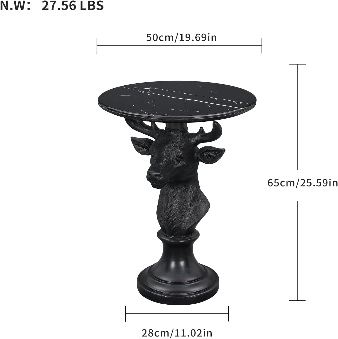 Sculptural Deer Head Side Table, Artistic Animal End Table with Faux Marble Top, Modern Accent Table for Living Room Bedroom, Unique Home Decor Gift for Housewarming, 19.69' W x 25.59' H