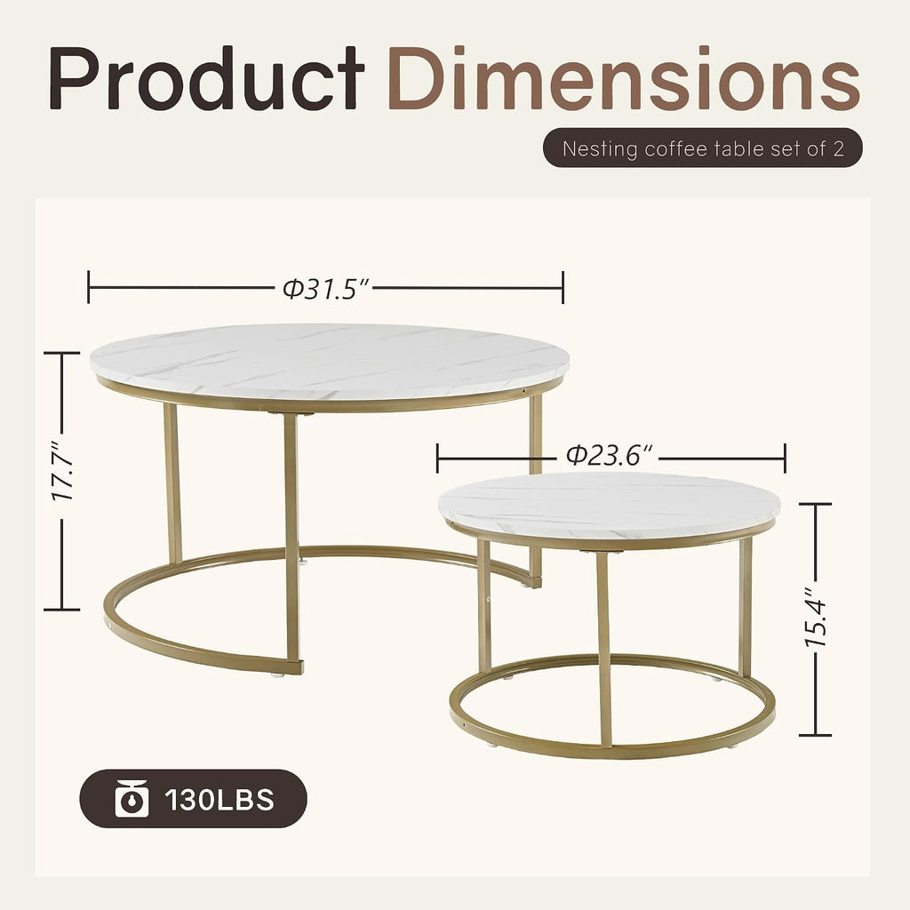 Otterease Nesting Tables Set of 2, 31.5' Round Coffee Table, Small Nesting Coffee Table with Adjustable Non-Slip Fee, White Marble Top Stack Nesting Tables Set of 2 for Living Room, Bedroom (White)