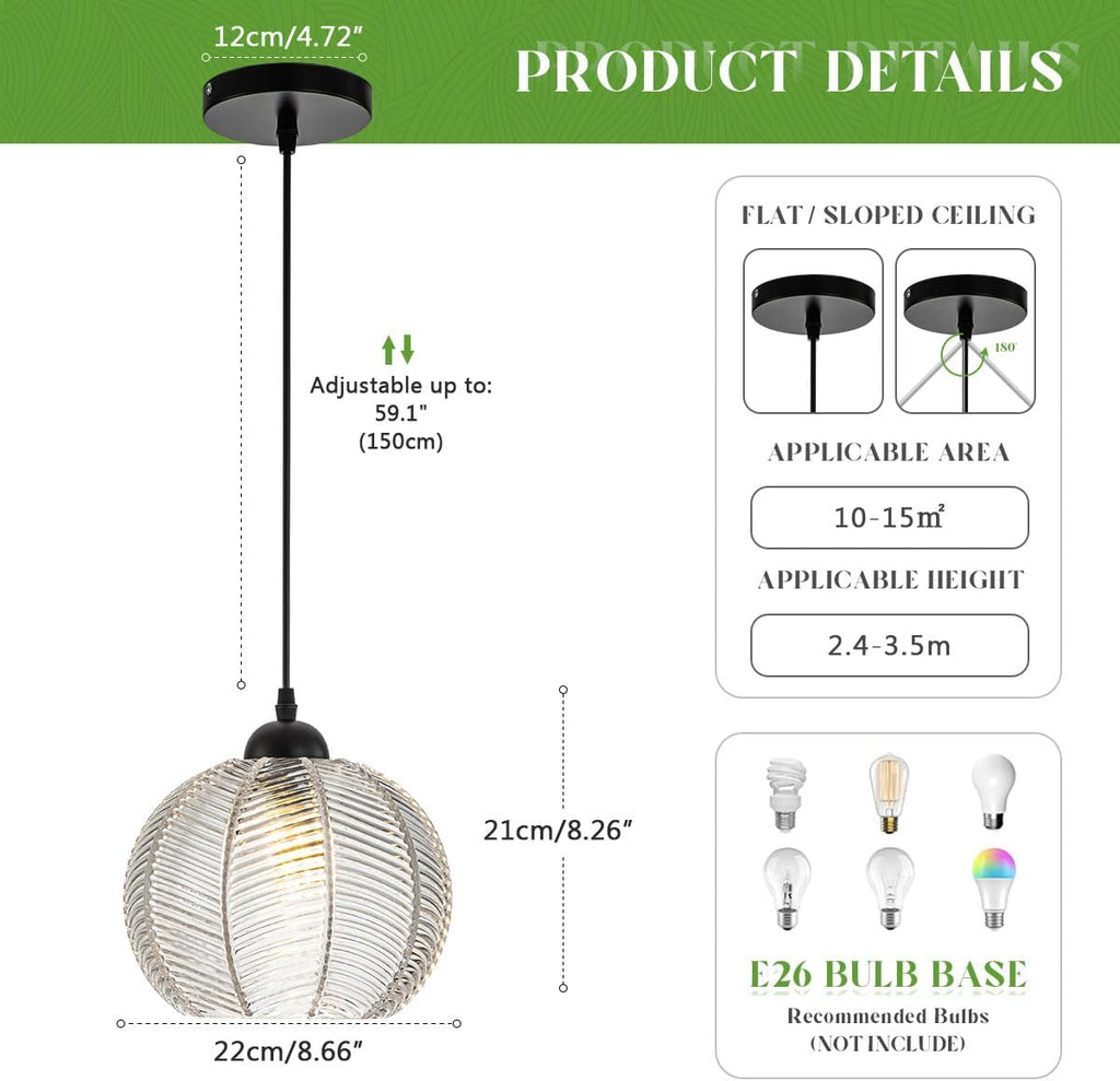 Globe Glass Pendant Light Ribbed Glass Mid Century Hanging Light for Kitchen Island Pumpkin Globe Design Adjustable Height Modern Pendant Lamp for Dining Room Bedroom Clear