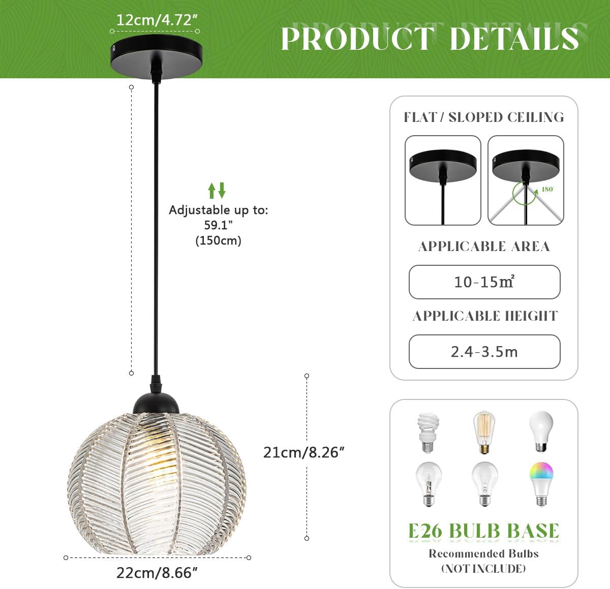 Globe Glass Pendant Light Ribbed Glass Mid Century Hanging Light for Kitchen Island Pumpkin Globe Design Adjustable Height Modern Pendant Lamp for Dining Room Bedroom Clear