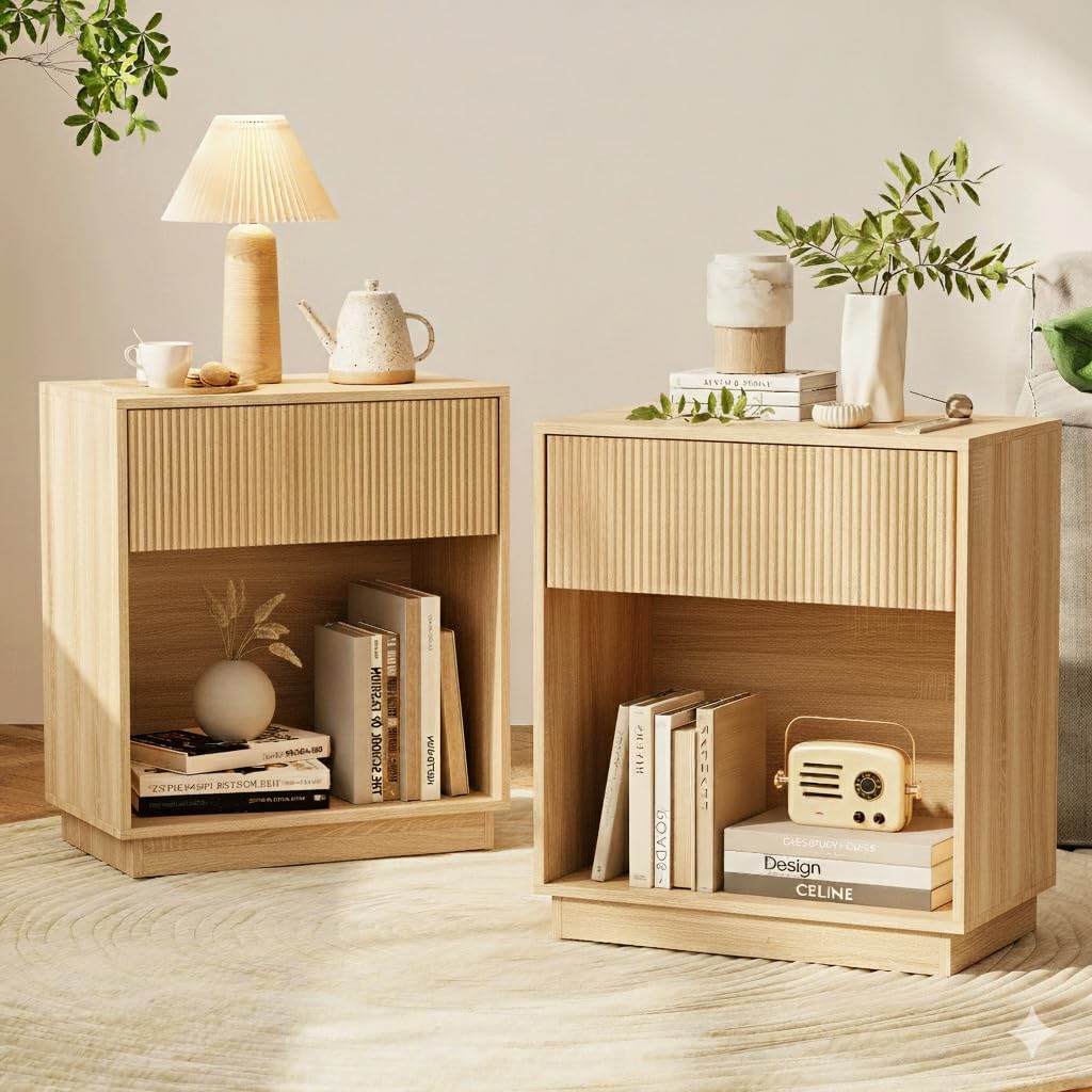 Fluted Nightstands Set of 2, Modern Bedside Table with Drawer and Storage Shelf, Wood End Table Mid Century Night Stands for Bedroom Living Room Sofa Couch Office (Oak)