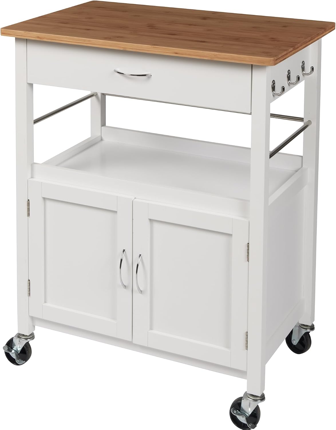 eHemco Kitchen Island Cart on Wheels with Drawer, Storage Cabinet, Shelf and Natural Bamboo Top Butcher Block, White Base | Drawer, Storage Cabinet, Shelf, Butcher Block