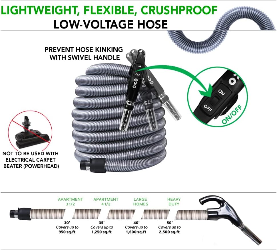 OVO Central Vacuum Standard Kit, with 30/35/40/50ft Low-Voltage Hose, ON/Off Control at The Handle, 12'' Combo Brush and Accessories, for Hard Surfaces and Carpets, B 30', Black, (KIT-LV30S)