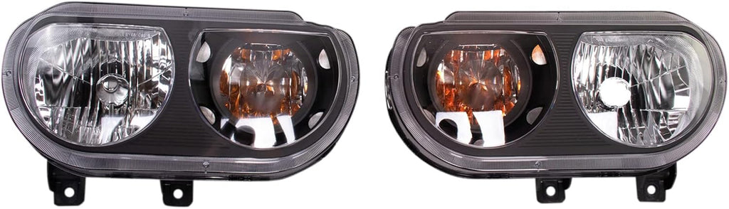 TRQ Driver and Passenger Side Headlight Assembly Set Black Housing Clear Lens Compatible with 08-14 Dodge Challenger Halogen Only