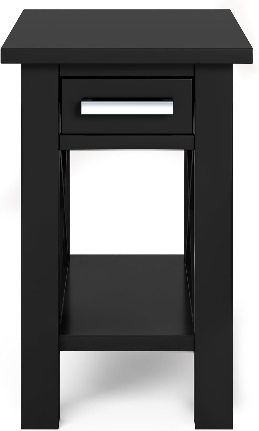 SIMPLIHOME Kitchener End Table - 14 inch Wide Solid Wood Rectangular Narrow Accent Table with Drawer and Open Shelf in Black, Contemporary Nightstand with X-Design for Living Room or Bedroom