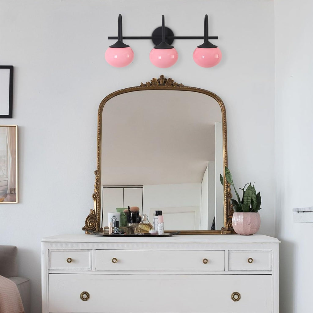 BOKT Black 3-Light Vanity Light Vintage Bathroom Lighting Fixture Over Mirror Industrial Bathroom Vanity Light with Pink Glass Lampshade Modern Long Restroom Light